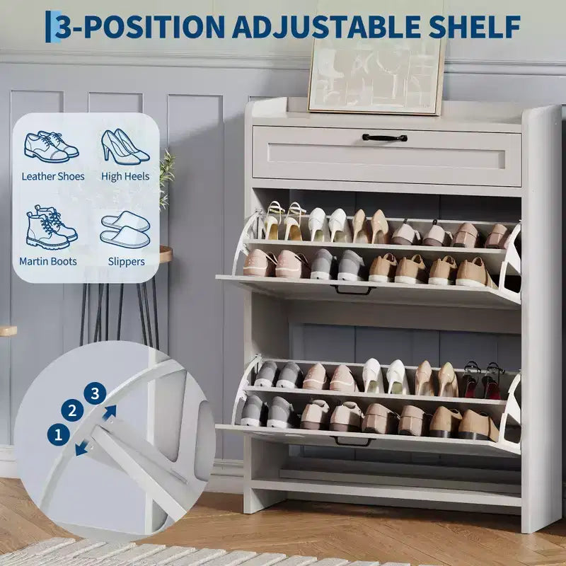 Meuble à chaussures avec 2 abattants et 1 tiroir supérieur, organisateur de chaussures en bois avec étagère réglable, meuble de rangement autonome pour l'entrée et le salon