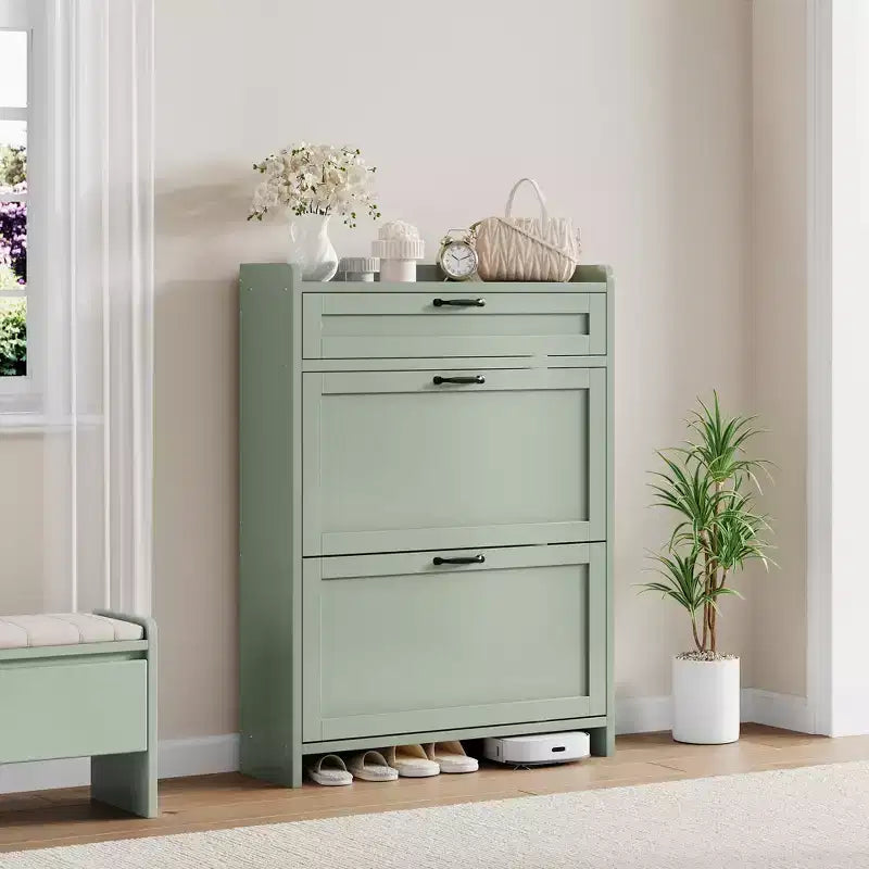 Meuble à chaussures avec 2 abattants et 1 tiroir supérieur, organisateur de chaussures en bois avec étagère réglable, meuble de rangement autonome pour l'entrée et le salon