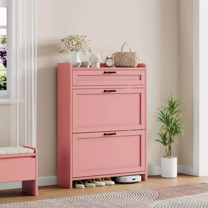 Meuble à chaussures avec 2 abattants et 1 tiroir supérieur, organisateur de chaussures en bois avec étagère réglable, meuble de rangement autonome pour l'entrée et le salon