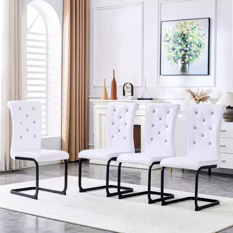 Set of 4 Upholstered Dining Chairs with Faux Leather and Crystal Buckle Details, with Durable Metal Legs