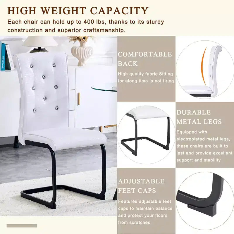 Lot de 4 Chaises de Salle à Manger Rembourrées en Similicuir avec Détails de Boucle en Cristal et Pieds en Métal Durables