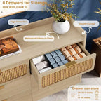 Commode de chambre, commode à 6 tiroirs style milieu de siècle moderne avec quincaillerie dorée et design en rotin, meuble TV