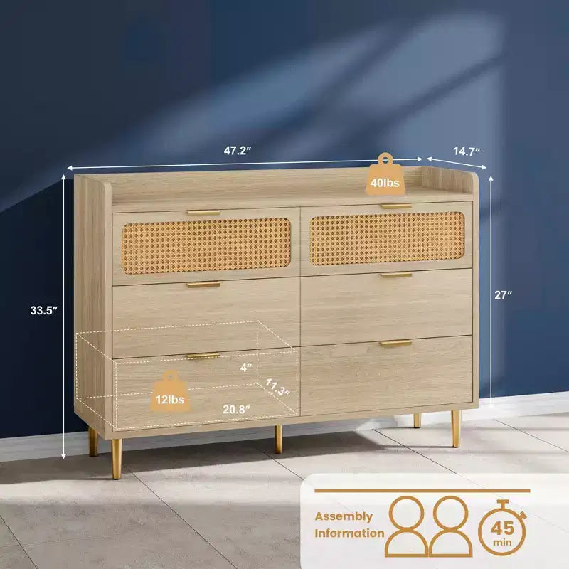 Commode de chambre, commode à 6 tiroirs style milieu de siècle moderne avec quincaillerie dorée et design en rotin, meuble TV