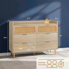 Commode de chambre, commode à 6 tiroirs style milieu de siècle moderne avec quincaillerie dorée et design en rotin, meuble TV