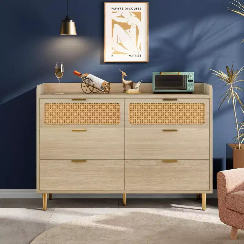 Commode de chambre, commode à 6 tiroirs style milieu de siècle moderne avec quincaillerie dorée et design en rotin, meuble TV