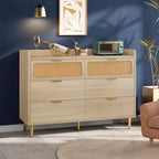 Commode de chambre, commode à 6 tiroirs style milieu de siècle moderne avec quincaillerie dorée et design en rotin, meuble TV