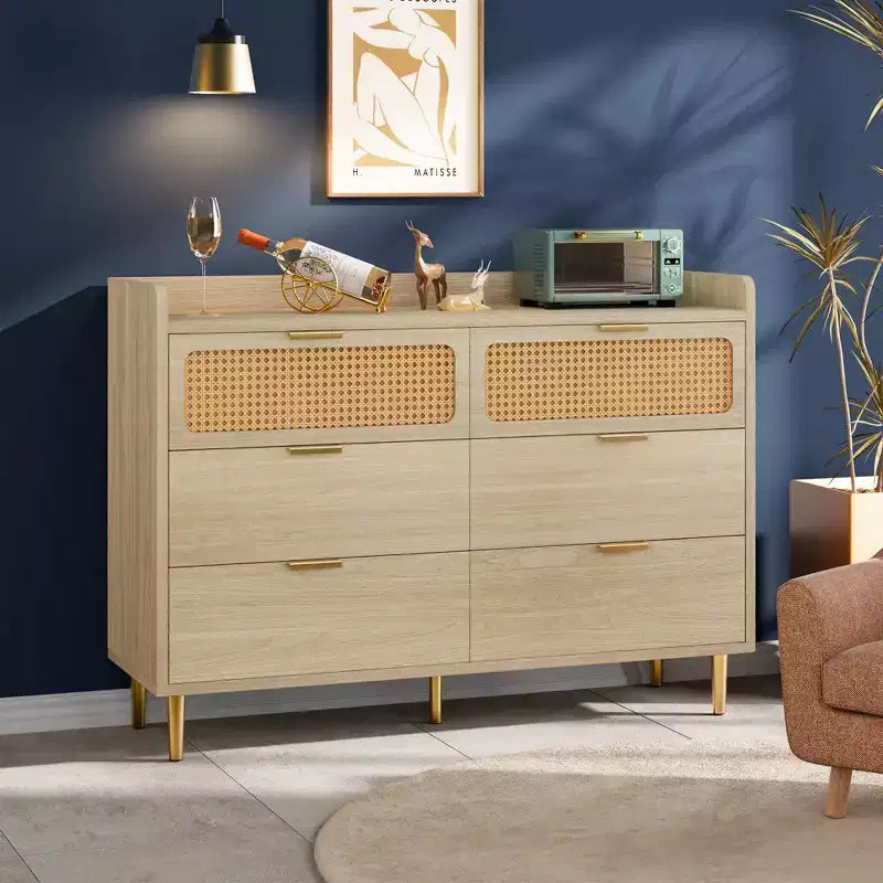 Commode de chambre, commode à 6 tiroirs style milieu de siècle moderne avec quincaillerie dorée et design en rotin, meuble TV