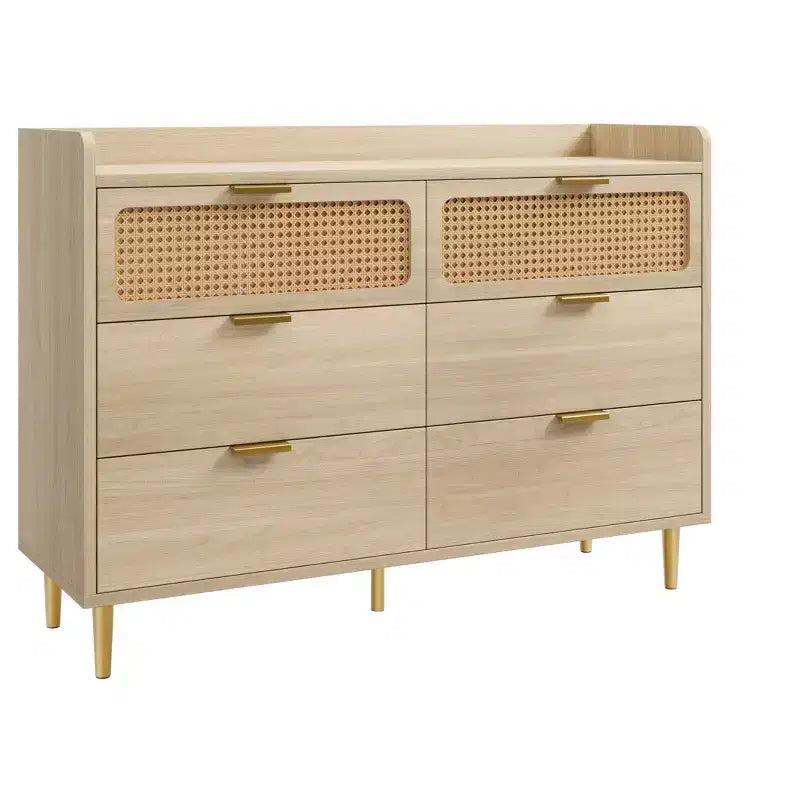 Commode de chambre, commode à 6 tiroirs style milieu de siècle moderne avec quincaillerie dorée et design en rotin, meuble TV