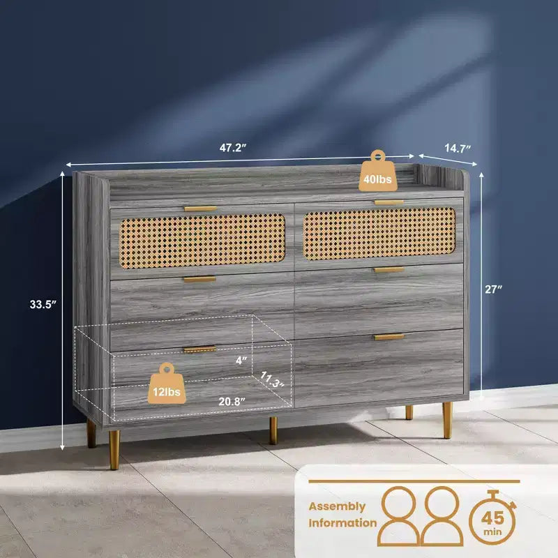 Commode de chambre, commode à 6 tiroirs style milieu de siècle moderne avec quincaillerie dorée et design en rotin, meuble TV