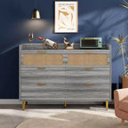 Commode de chambre, commode à 6 tiroirs style milieu de siècle moderne avec quincaillerie dorée et design en rotin, meuble TV