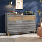 Commode de chambre, commode à 6 tiroirs style milieu de siècle moderne avec quincaillerie dorée et design en rotin, meuble TV
