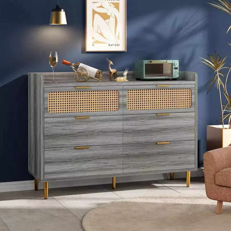 Commode de chambre, commode à 6 tiroirs style milieu de siècle moderne avec quincaillerie dorée et design en rotin, meuble TV