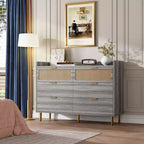 Commode de chambre, commode à 6 tiroirs style milieu de siècle moderne avec quincaillerie dorée et design en rotin, meuble TV