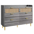 Commode de chambre, commode à 6 tiroirs style milieu de siècle moderne avec quincaillerie dorée et design en rotin, meuble TV