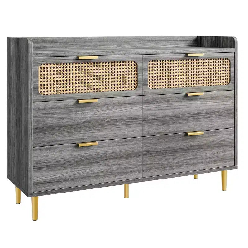 Commode de chambre, commode à 6 tiroirs style milieu de siècle moderne avec quincaillerie dorée et design en rotin, meuble TV