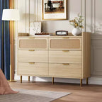 Commode de chambre, commode à 6 tiroirs style milieu de siècle moderne avec quincaillerie dorée et design en rotin, meuble TV