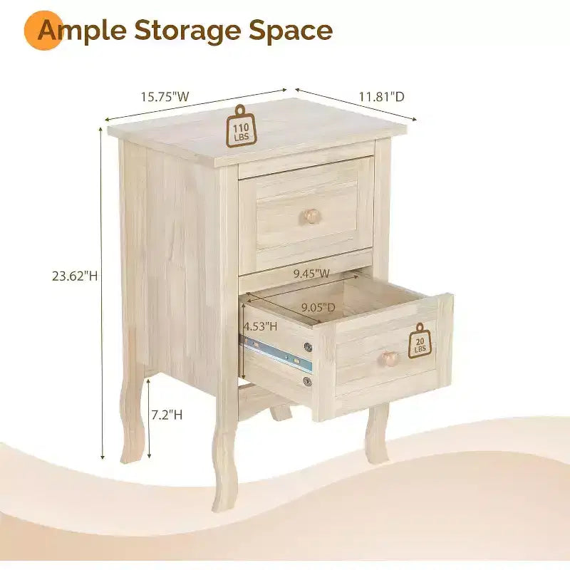 VINGLI Table de chevet en bois massif non fini pour bricolage couleur, petite table de chevet en bois naturel pour chambre à coucher avec tiroirs, véritable table de chevet en bois