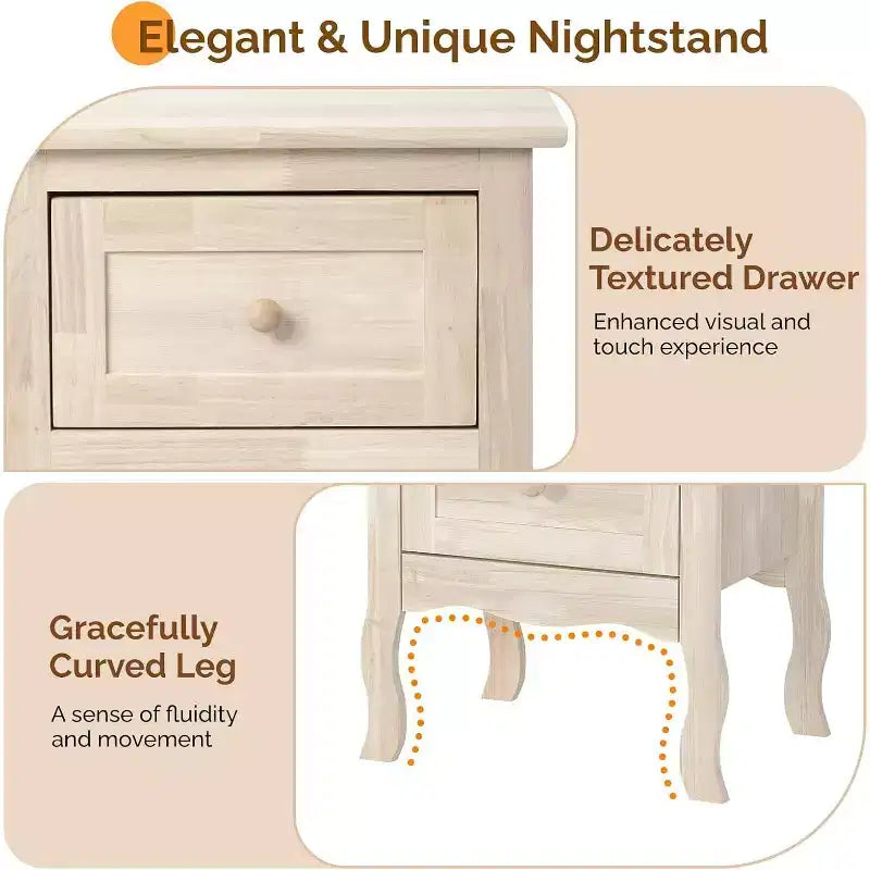 VINGLI Table de chevet en bois massif non fini pour bricolage couleur, petite table de chevet en bois naturel pour chambre à coucher avec tiroirs, véritable table de chevet en bois