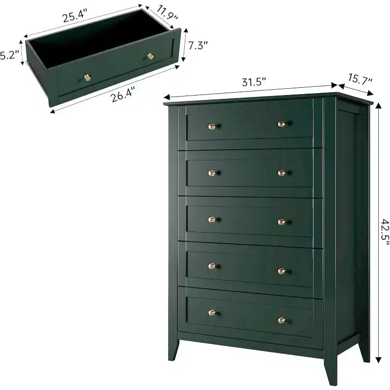 Commode haute en bois à 5 tiroirs, tiroirs profonds modernes avec poignées en métal, commode de rangement polyvalente pour chambre à coucher, entrée, couloir
