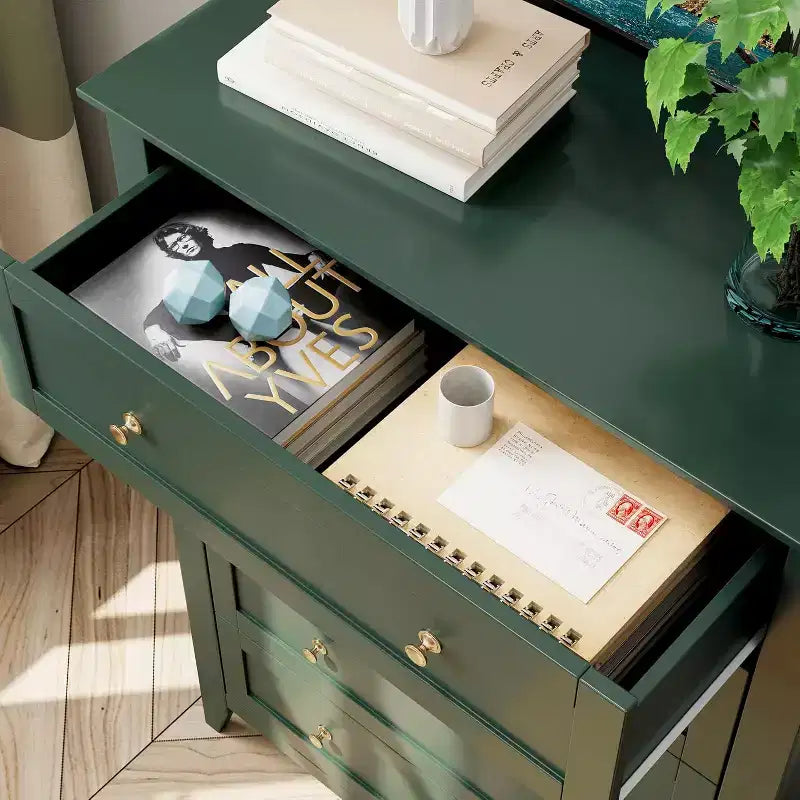 Commode haute en bois à 5 tiroirs, tiroirs profonds modernes avec poignées en métal, commode de rangement polyvalente pour chambre à coucher, entrée, couloir