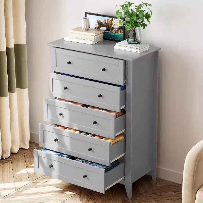 Commode haute en bois à 5 tiroirs, tiroirs profonds modernes avec poignées en métal, commode de rangement polyvalente pour chambre à coucher, entrée, couloir