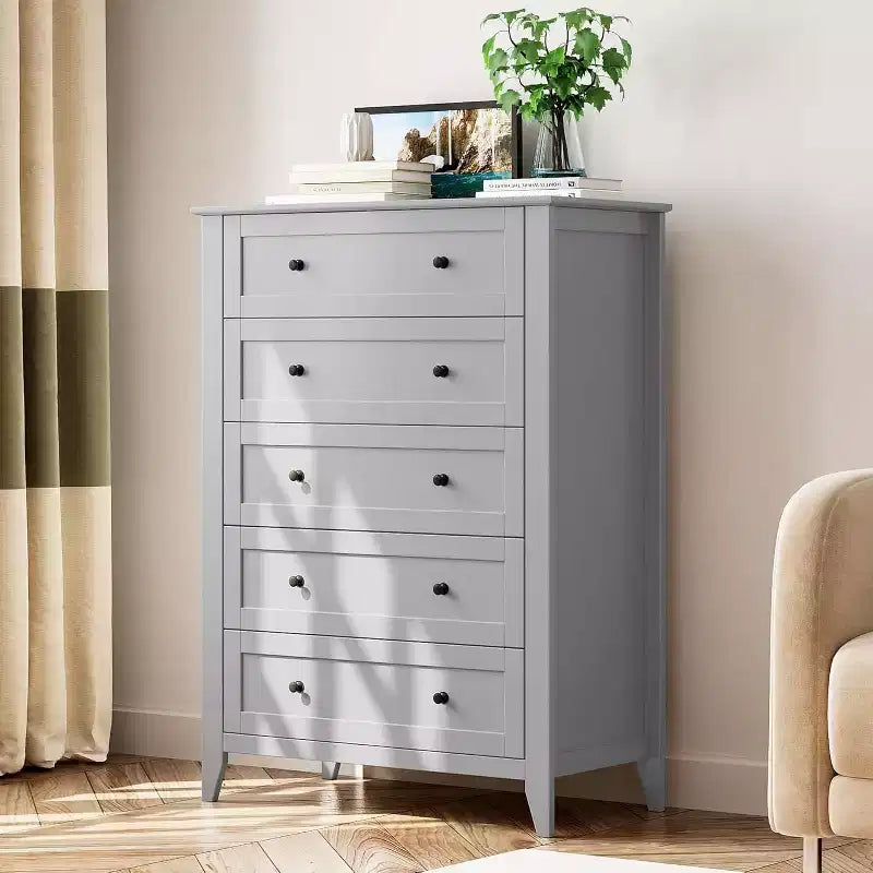 Commode haute en bois à 5 tiroirs, tiroirs profonds modernes avec poignées en métal, commode de rangement polyvalente pour chambre à coucher, entrée, couloir
