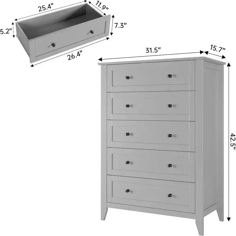 Commode haute en bois à 5 tiroirs, tiroirs profonds modernes avec poignées en métal, commode de rangement polyvalente pour chambre à coucher, entrée, couloir