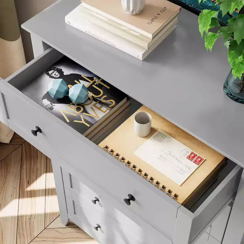 Commode haute en bois à 5 tiroirs, tiroirs profonds modernes avec poignées en métal, commode de rangement polyvalente pour chambre à coucher, entrée, couloir