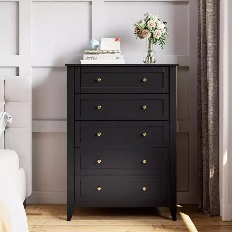 Commode haute en bois à 5 tiroirs, tiroirs profonds modernes avec poignées en métal, commode de rangement polyvalente pour chambre à coucher, entrée, couloir
