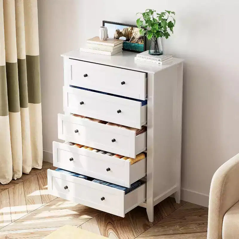 Commode haute en bois à 5 tiroirs, tiroirs profonds modernes avec poignées en métal, commode de rangement polyvalente pour chambre à coucher, entrée, couloir