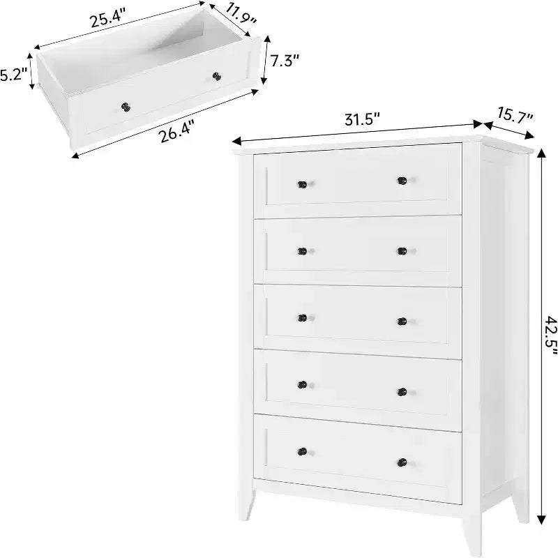 Commode haute en bois à 5 tiroirs, tiroirs profonds modernes avec poignées en métal, commode de rangement polyvalente pour chambre à coucher, entrée, couloir