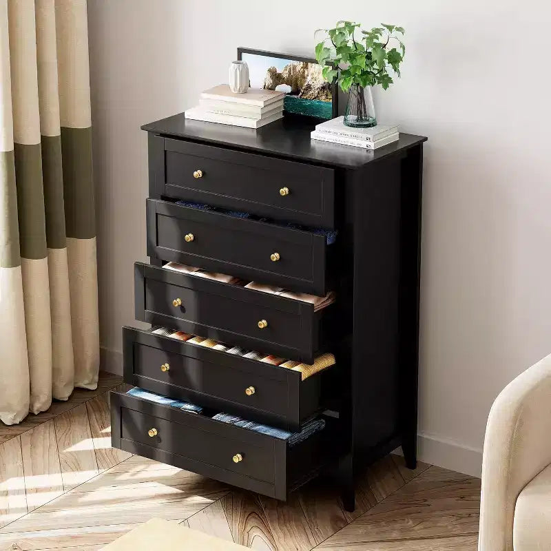 Commode haute en bois à 5 tiroirs, tiroirs profonds modernes avec poignées en métal, commode de rangement polyvalente pour chambre à coucher, entrée, couloir