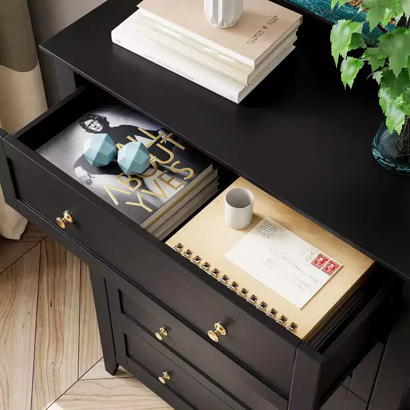 Commode haute en bois à 5 tiroirs, tiroirs profonds modernes avec poignées en métal, commode de rangement polyvalente pour chambre à coucher, entrée, couloir