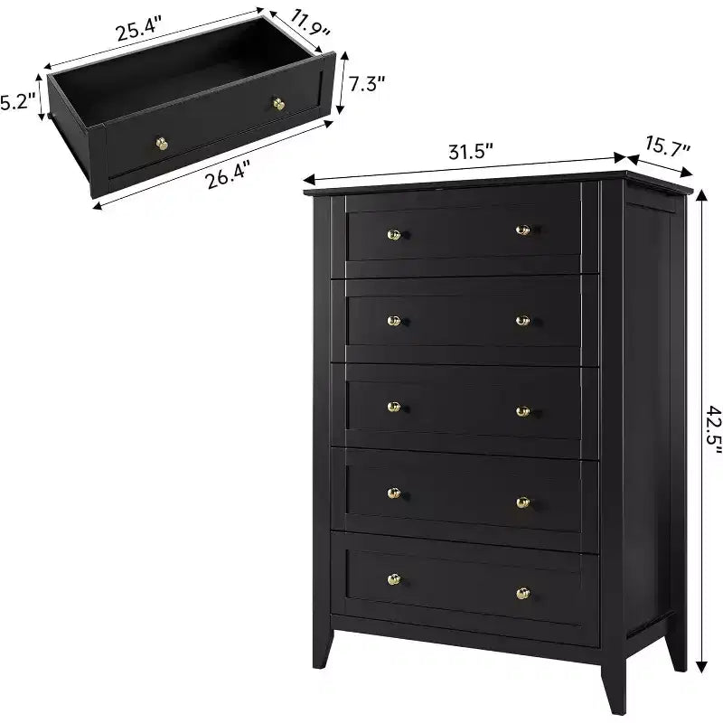 Commode haute en bois à 5 tiroirs, tiroirs profonds modernes avec poignées en métal, commode de rangement polyvalente pour chambre à coucher, entrée, couloir