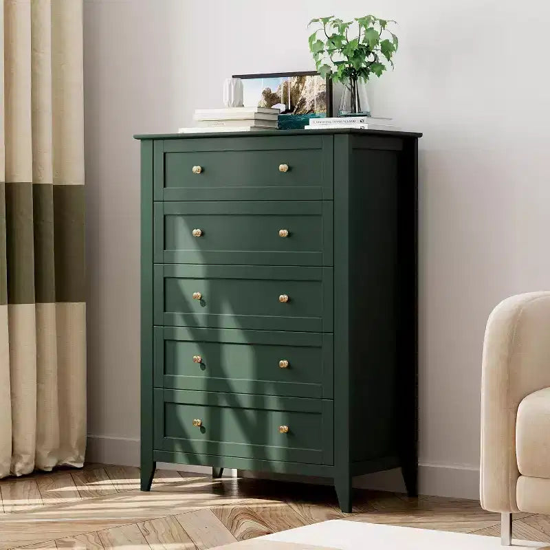 Commode haute en bois à 5 tiroirs, tiroirs profonds modernes avec poignées en métal, commode de rangement polyvalente pour chambre à coucher, entrée, couloir