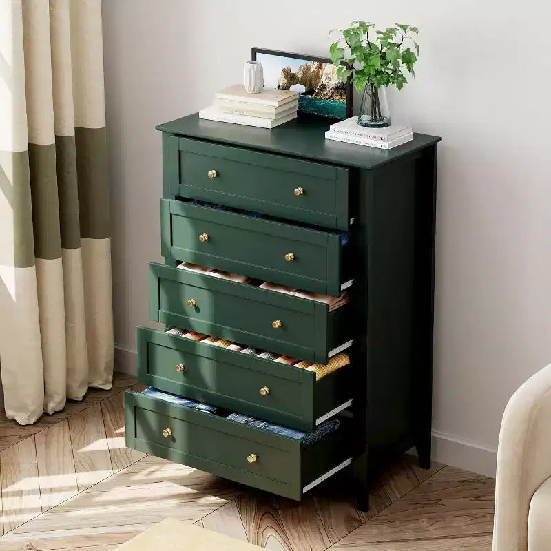 Commode haute en bois à 5 tiroirs, tiroirs profonds modernes avec poignées en métal, commode de rangement polyvalente pour chambre à coucher, entrée, couloir