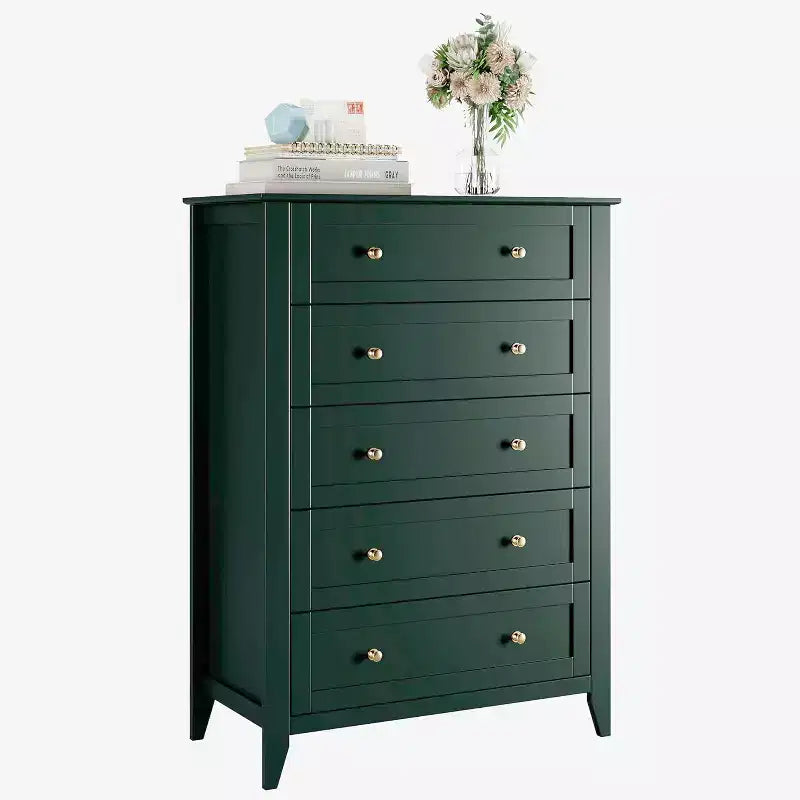 Commode haute en bois à 5 tiroirs, tiroirs profonds modernes avec poignées en métal, commode de rangement polyvalente pour chambre à coucher, entrée, couloir