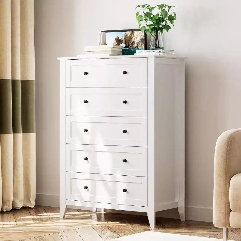Commode haute en bois à 5 tiroirs, tiroirs profonds modernes avec poignées en métal, commode de rangement polyvalente pour chambre à coucher, entrée, couloir
