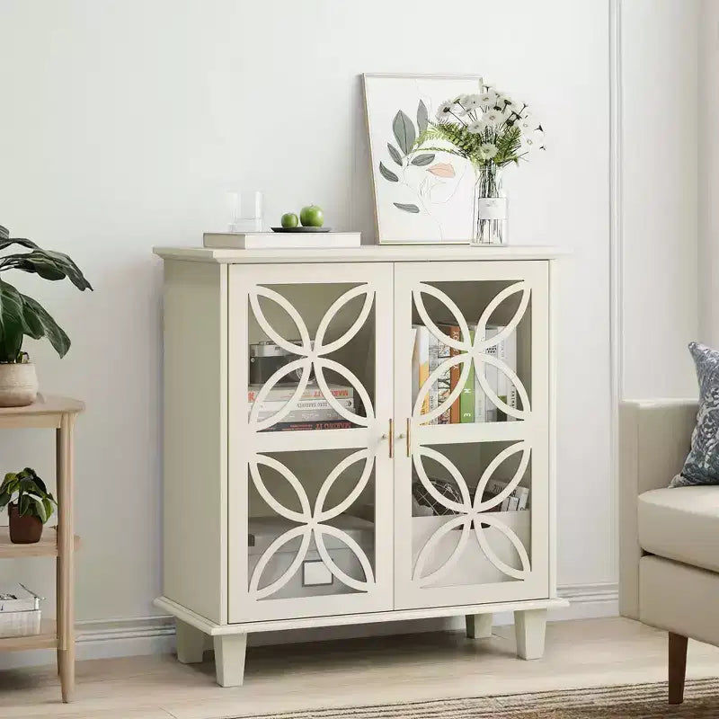 MAYEERTY Sideboard Buffet Stoarge Cabinet with Tempered Glass Doors Modern Retro Kitchen Console Table for Living Room Kitchen Cream Color