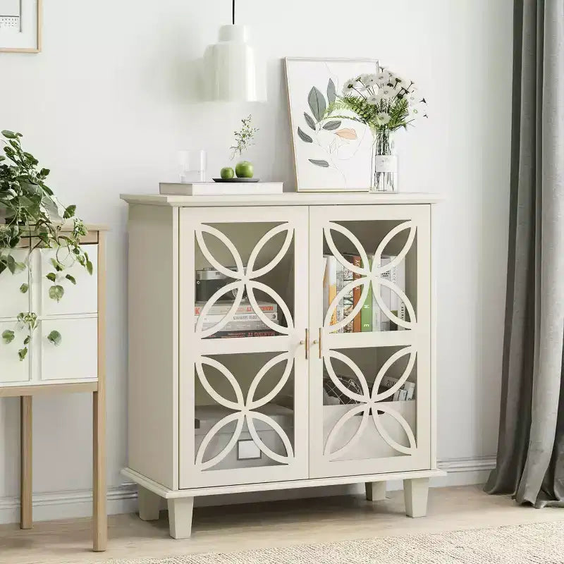 MAYEERTY Buffet Bahut de Rangement avec Portes en Verre Trempé Table Console de Cuisine Rétro Moderne pour Salon Cuisine Couleur Crème