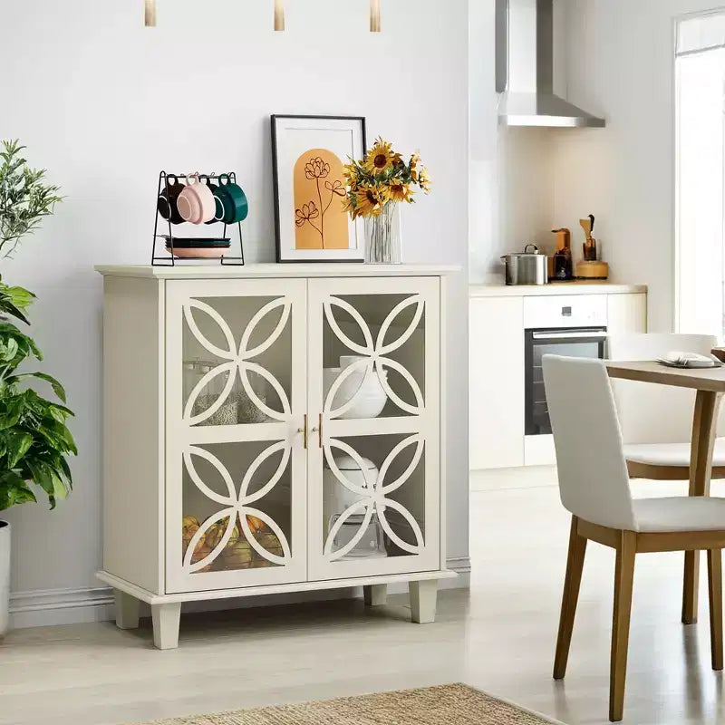 MAYEERTY Buffet Bahut de Rangement avec Portes en Verre Trempé Table Console de Cuisine Rétro Moderne pour Salon Cuisine Couleur Crème