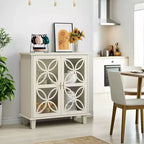 MAYEERTY Buffet Bahut de Rangement avec Portes en Verre Trempé Table Console de Cuisine Rétro Moderne pour Salon Cuisine Couleur Crème
