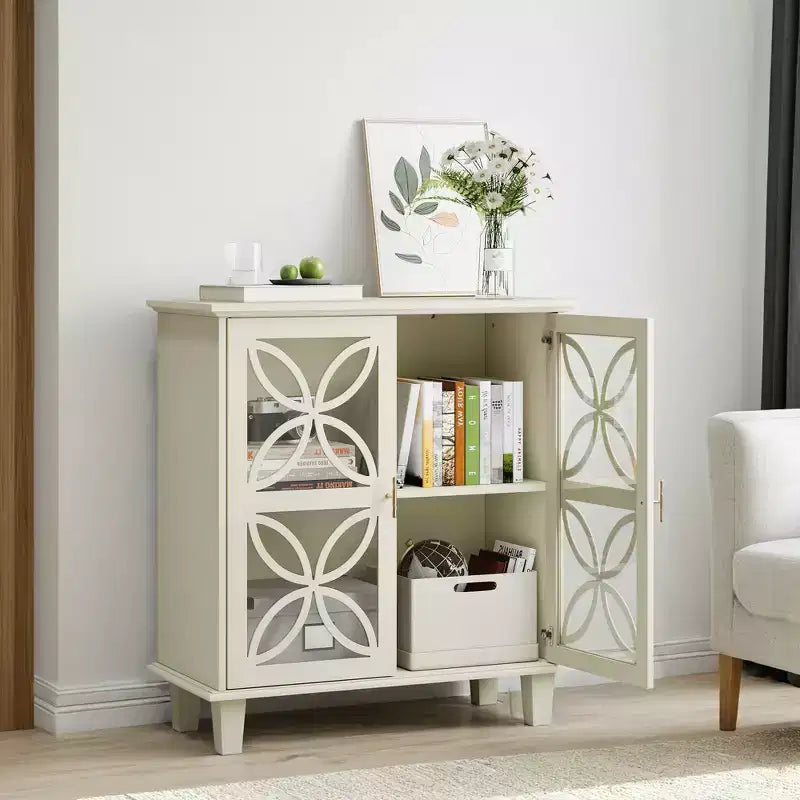 MAYEERTY Buffet Bahut de Rangement avec Portes en Verre Trempé Table Console de Cuisine Rétro Moderne pour Salon Cuisine Couleur Crème