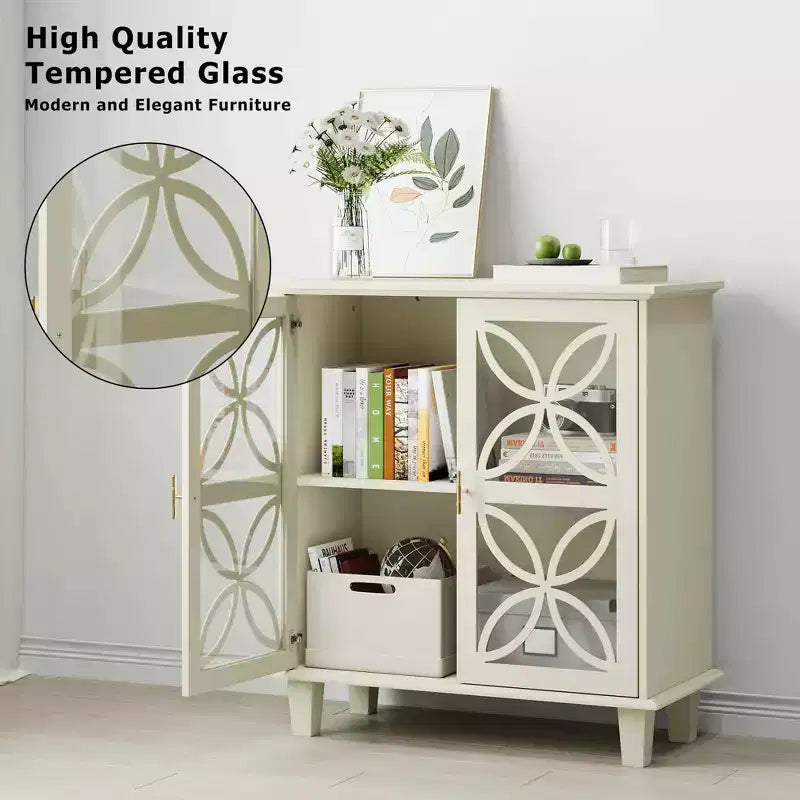 MAYEERTY Buffet Bahut de Rangement avec Portes en Verre Trempé Table Console de Cuisine Rétro Moderne pour Salon Cuisine Couleur Crème