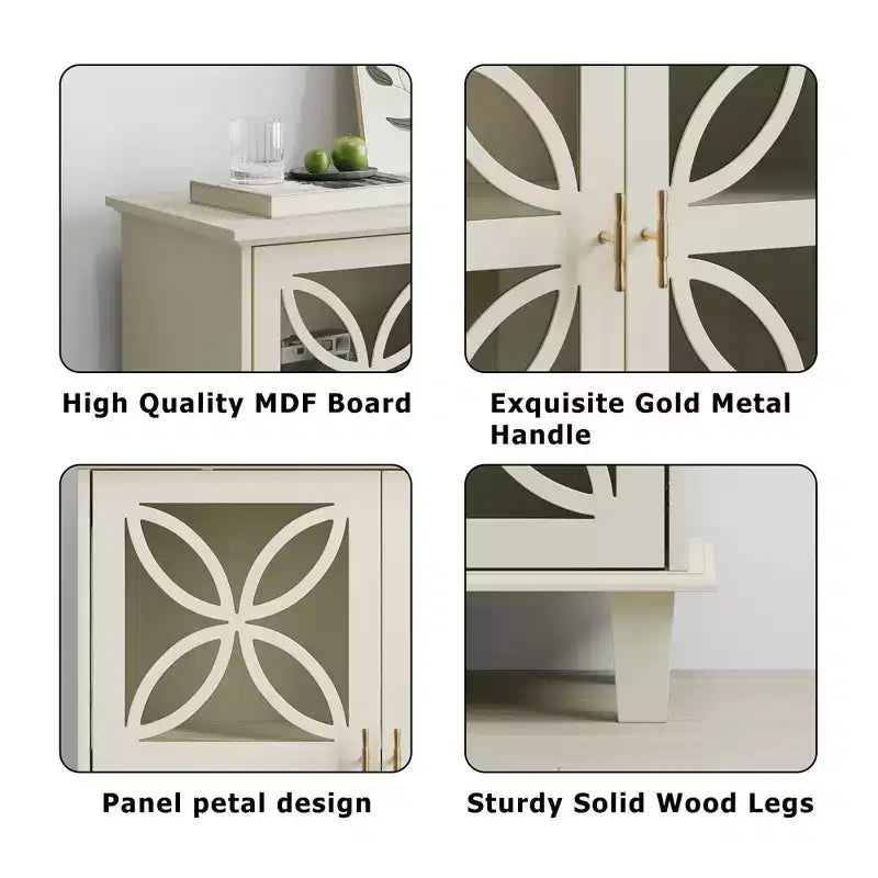 MAYEERTY Buffet Bahut de Rangement avec Portes en Verre Trempé Table Console de Cuisine Rétro Moderne pour Salon Cuisine Couleur Crème
