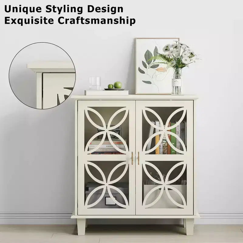 MAYEERTY Buffet Bahut de Rangement avec Portes en Verre Trempé Table Console de Cuisine Rétro Moderne pour Salon Cuisine Couleur Crème