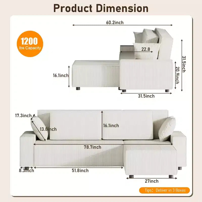 Canapé d'angle modulable en L avec pouf, canapé nuage moelleux en éponge livré en boîte, aucun assemblage requis, rembourré moderne pour salon