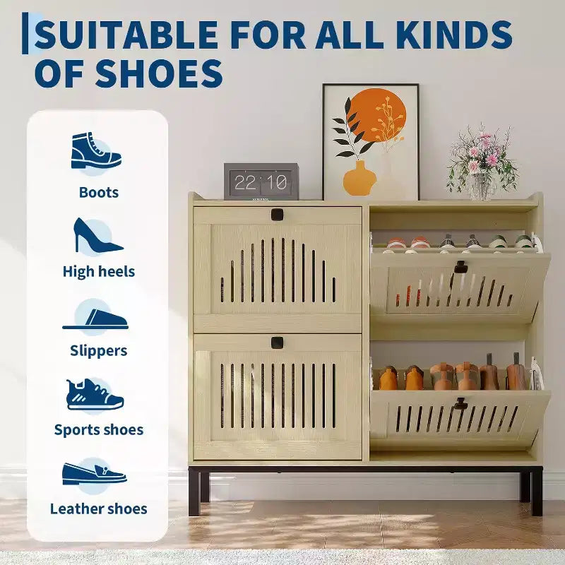 Meuble à chaussures 4 tiroirs basculants avec étagères réglables, Organisateur de chaussures dissimulé de grande capacité, Porte-chaussures en bois autoportant pour la maison