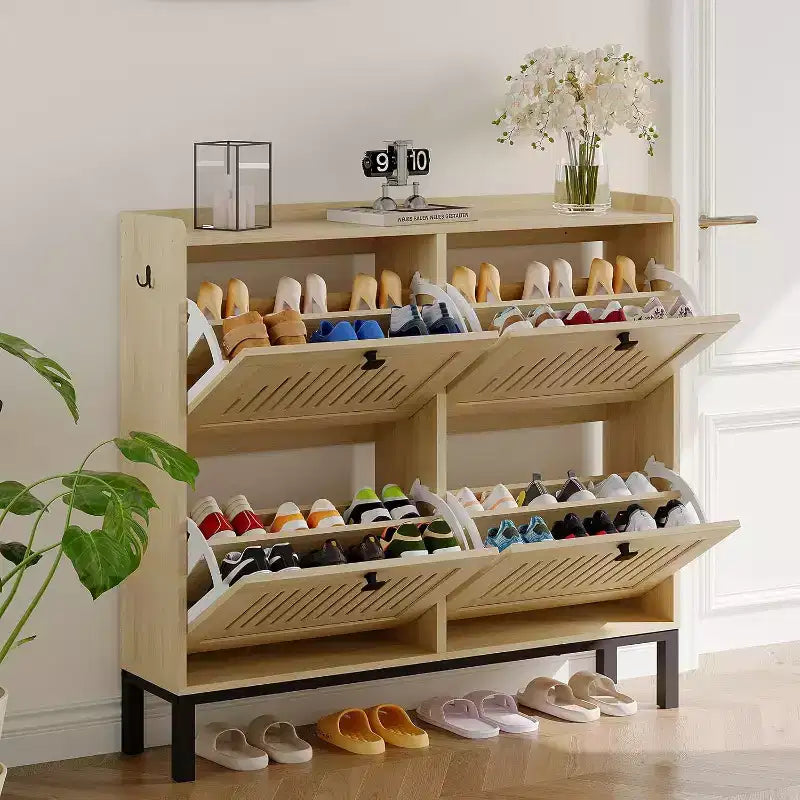 Meuble à chaussures 4 tiroirs basculants avec étagères réglables, Organisateur de chaussures dissimulé de grande capacité, Porte-chaussures en bois autoportant pour la maison