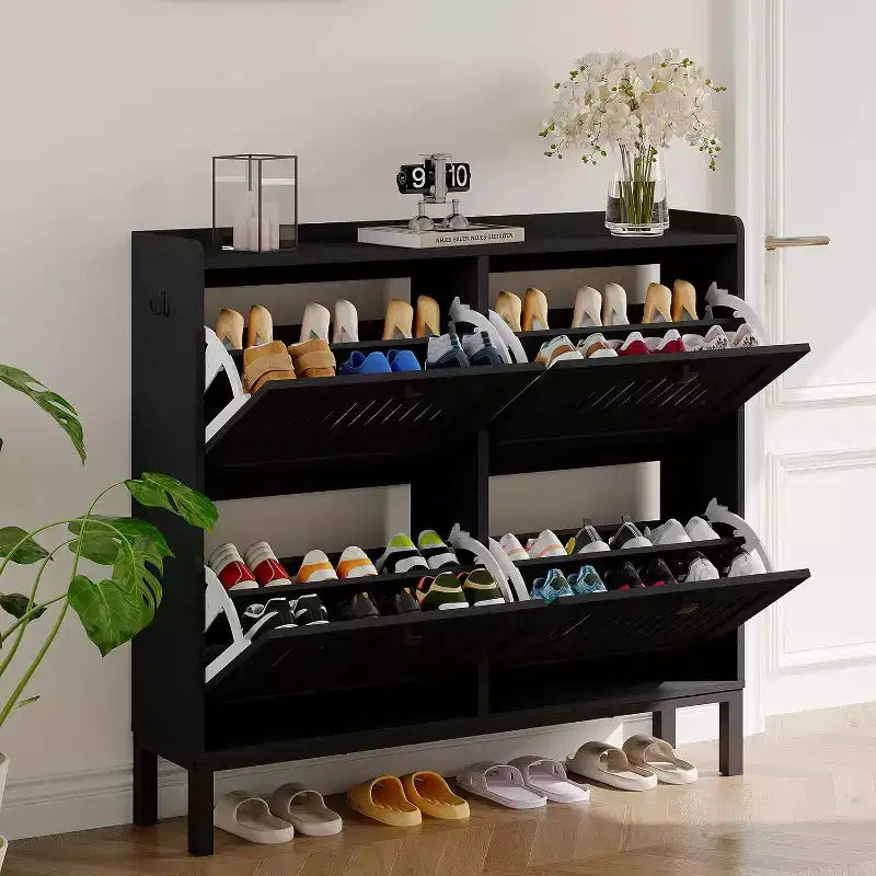 Meuble à chaussures 4 tiroirs basculants avec étagères réglables, Organisateur de chaussures dissimulé de grande capacité, Porte-chaussures en bois autoportant pour la maison